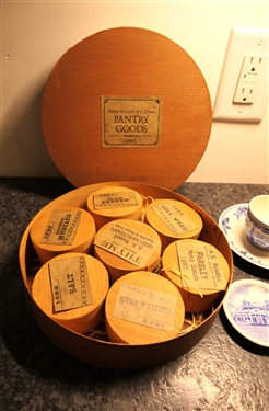 Modern Pantry Box Spice Set with 7 Small Boxes Inside- Measures 2 1/4 Tall 9 1/2 Across and Delf Cup and Saucer Set, and Adams Small Plate 
