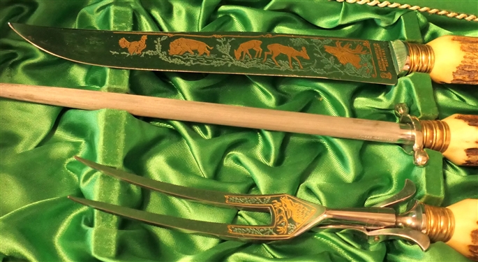 Very Nice Anton Wingen Jr - Germany Stag Handle Carving Set with Engraved Hunt Scenes on Blade and Fork - in Fitted Case 