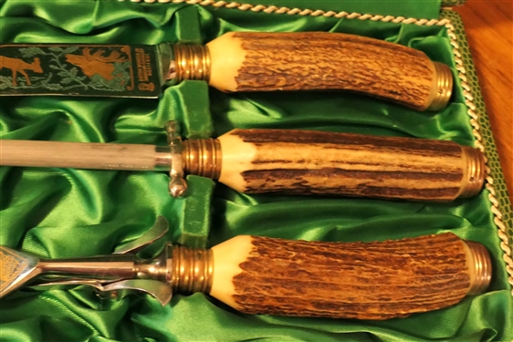 Very Nice Anton Wingen Jr - Germany Stag Handle Carving Set with Engraved Hunt Scenes on Blade and Fork - in Fitted Case 