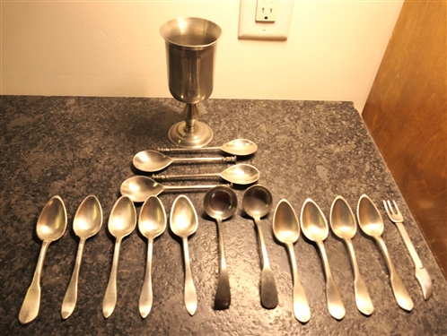 England Pewter Goblet- Full of Pewter Spoons - Some Handmade Dated 1990, 1984, 1986, Reproduction Ladle, Knife/ Fork 