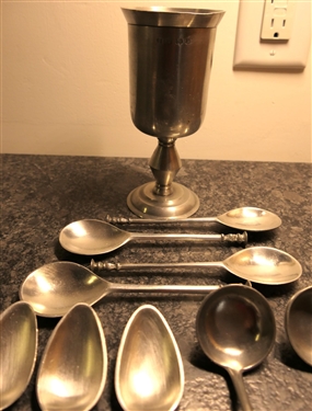 England Pewter Goblet- Full of Pewter Spoons - Some Handmade Dated 1990, 1984, 1986, Reproduction Ladle, Knife/ Fork 