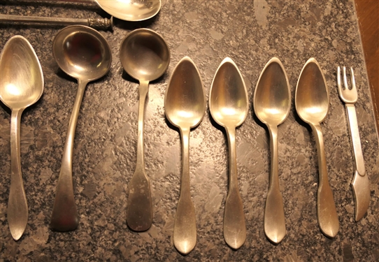 England Pewter Goblet- Full of Pewter Spoons - Some Handmade Dated 1990, 1984, 1986, Reproduction Ladle, Knife/ Fork 
