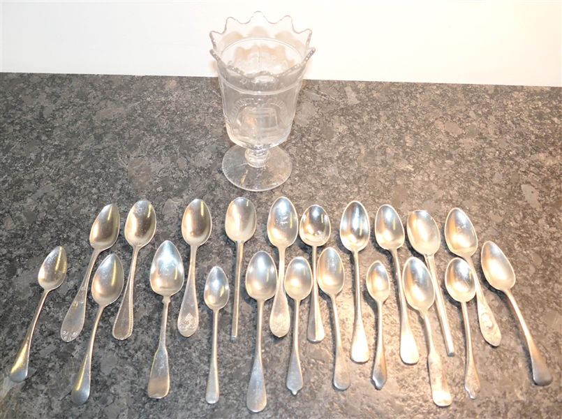 Early American Press Glass Declaration of Independence Spooner with Collection of Pewter Spoons including Steiff Pewter for Williamsburg Restoration, 