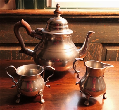 Williamsburg Steiff Pewter Tea Pot, Cream, and Sugar Set