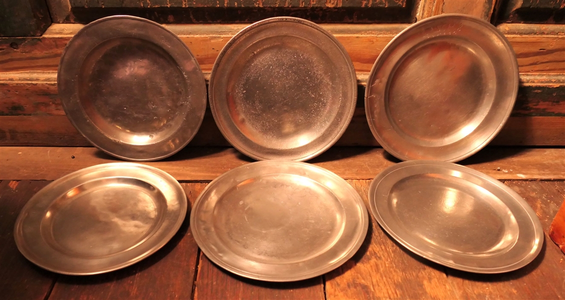 6 Pewter 8" Plates - 1 Marked JTS with Eagle, London, Street, and Engraved ASCH 