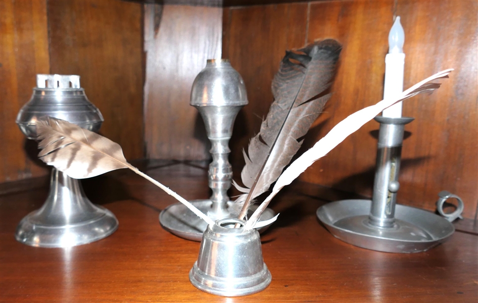 2 Pewter Oil Lamps, Pewter Push Up Candle Stick, and Ink Well 