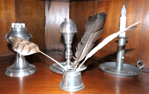 2 Pewter Oil Lamps, Pewter Push Up Candle Stick, and Ink Well 