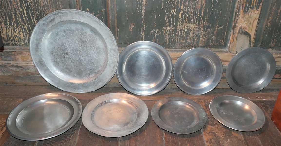8 Pewter Plates of Varying Sizes - TW London 9 1/2", 4 - 8" and 13 1/2" Platter