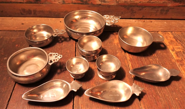 10 Pieces of Pewter including 3 Pabst Boats, 1 Marked H. Dent, Williamsburg Steiff Pewter Porringer, Steiff Pewter Old Sturbridge Village Porringer, and Others