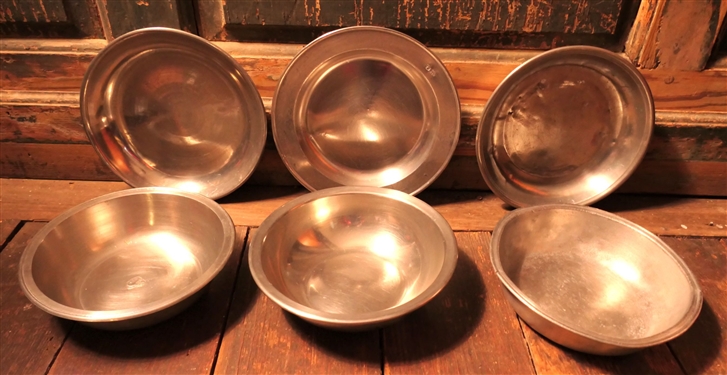 6 Pewter Bowls - Woodbury Pewters 7 1/2, MAE Engraved with Hallmarks, CR Engraved, and H Hallmarked 