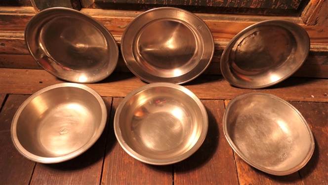 6 Pewter Bowls - Woodbury Pewters 7 1/2, MAE Engraved with Hallmarks, CR Engraved, and H Hallmarked 