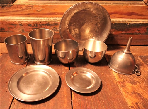 Lot of 8 Pieces of Pewter including Steiff Pewter Washington Cup, Early American Pewter Julep Cup, 2 Jefferson Cups, Pewter Funnel, 2 Small Plates, and Bowl - 