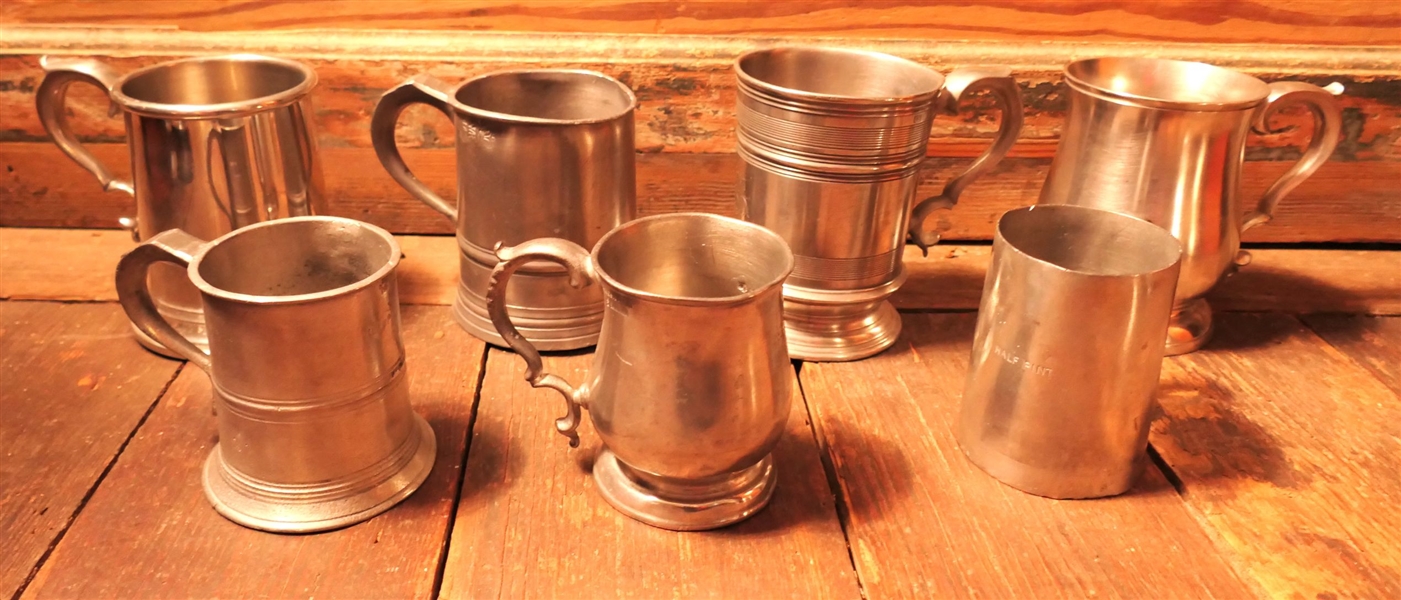 7 Pewter Mugs and Tankards - CB Hallmarked, Village Pewter, Williamsburg Steiff Pewter, and James Yates 
