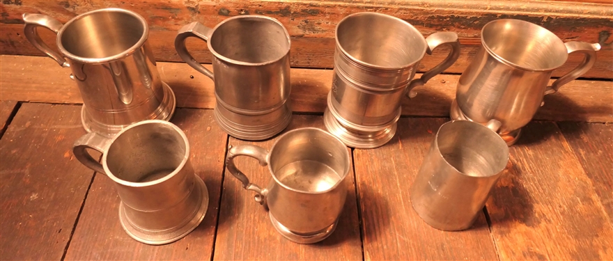 7 Pewter Mugs and Tankards - CB Hallmarked, Village Pewter, Williamsburg Steiff Pewter, and James Yates 