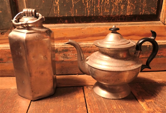 Sellew & Co Cincinnati Pewter Tea Pot with Black Handle and French Pewter Thermos - Measuring 9 1/2 Tall