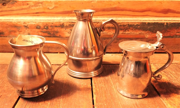 Hand Crafted Pewter Pitcher by Wm. Melchior 4 1/2 Tall, James Geddy - Holland Pewter Small Lidded Cream Pitcher, and Hallmarked England Pitcher - Measuring 6 1/2 Tall 