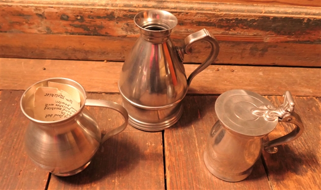 Hand Crafted Pewter Pitcher by Wm. Melchior 4 1/2 Tall, James Geddy - Holland Pewter Small Lidded Cream Pitcher, and Hallmarked England Pitcher - Measuring 6 1/2 Tall 