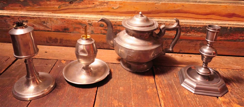 John Somers Pewter6 1/2 Candle Stick, 2 Pewter Oil Lamps, and Pewter Tea Pot 