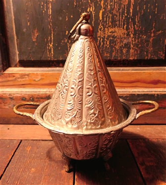 Hand Chased Moroccan Serving Dish with Handles and Cone Shaped Lid - Measures 13 tall 12 Handle to Handle - 9 Across