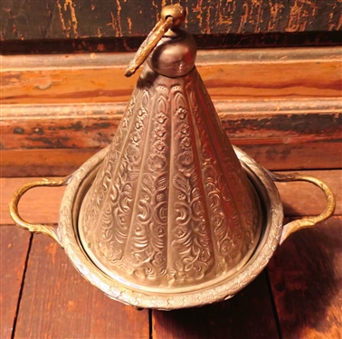 Hand Chased Moroccan Serving Dish with Handles and Cone Shaped Lid - Measures 13 tall 12 Handle to Handle - 9 Across