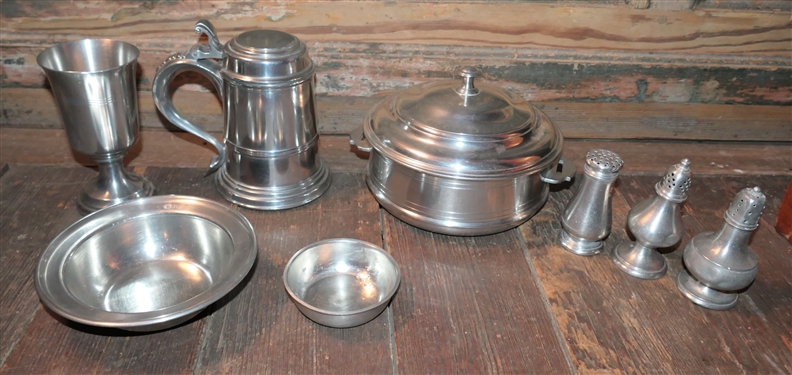 Lot of Pewter Items including Woodbury Pewter Lidded Dish From the Henry Ford Museum, Lidded Tankard, Goblet, Shakers, and Bowls - Covered Dish Measures 9 Across