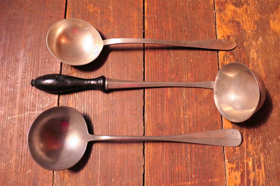 3 Pewter Ladles including Handcrafted Pewter with Engraved Leaves and 14" Long with Wood Handle