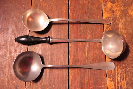 3 Pewter Ladles including Handcrafted Pewter with Engraved Leaves and 14 Long with Wood Handle
