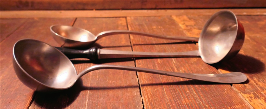 3 Pewter Ladles including Handcrafted Pewter with Engraved Leaves and 14 Long with Wood Handle