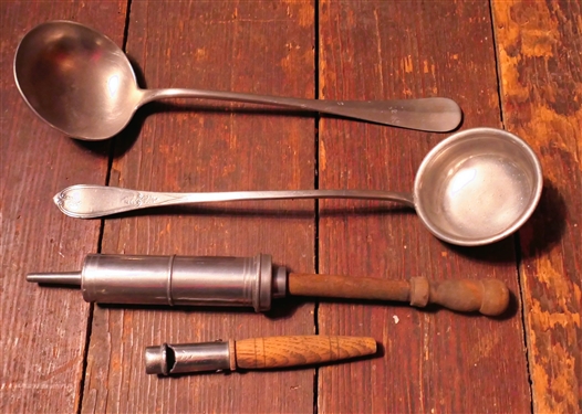 2 Pewter Ladles including 1 with Leaf Designs on Handle other Made in France, Pewter Meat Injector, and Wood Handled Whistle, - Leaf Ladle Measures 12 Long
