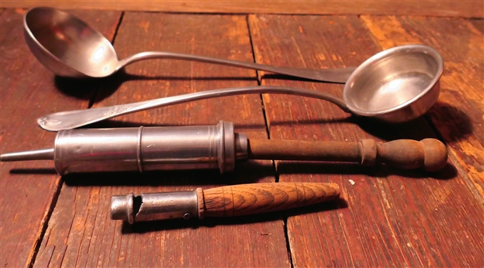 2 Pewter Ladles including 1 with Leaf Designs on Handle other Made in France, Pewter Meat Injector, and Wood Handled Whistle, - Leaf Ladle Measures 12 Long
