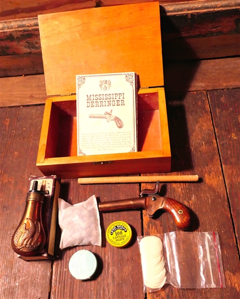 Mississippi Derringer - Black Powder Box Lock .41 Caliber Pistol in Wood Box with an Eagle on Top also Including Powder Flask, Caps, and Balls - 