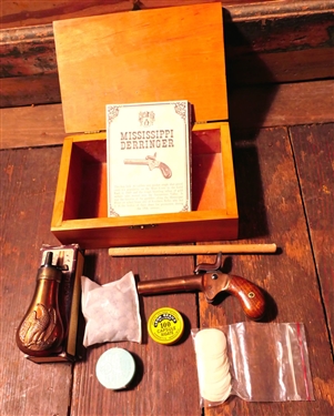 Mississippi Derringer - Black Powder Box Lock .41 Caliber Pistol in Wood Box with an Eagle on Top also Including Powder Flask, Caps, and Balls - 