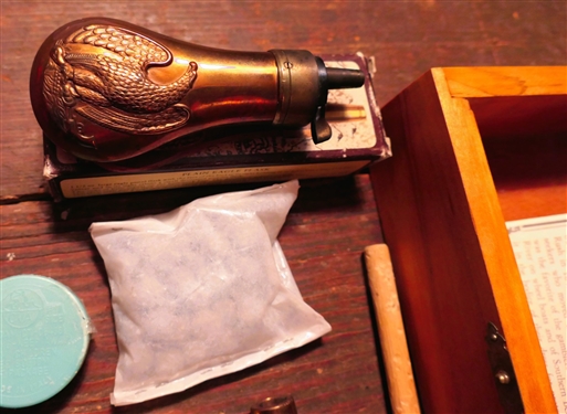 Mississippi Derringer - Black Powder Box Lock .41 Caliber Pistol in Wood Box with an Eagle on Top also Including Powder Flask, Caps, and Balls - 