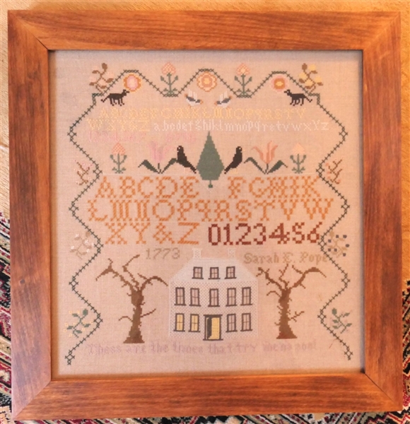 Hand Stitched Needlework Copy of Sara E. Pope 1773 Sampler - Framed - Frame Measures 15 3/4"  by 16"