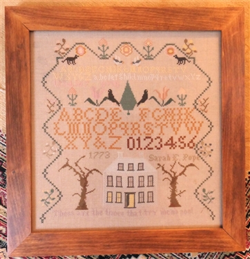 Hand Stitched Needlework Copy of Sara E. Pope 1773 Sampler - Framed - Frame Measures 15 3/4  by 16