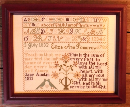 Hand Stitched Needlework Copy of July 1832 Sampler by Eliza Ann Pomeroy - Framed - Frame Measures 12 by 15