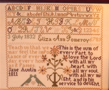 Hand Stitched Needlework Copy of July 1832 Sampler by Eliza Ann Pomeroy - Framed - Frame Measures 12 by 15