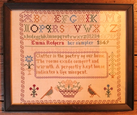 Hand Stitched Needlework Copy of 1849 Sampler - with Birds and Flowers - Framed - Frame Measures 12 by 14