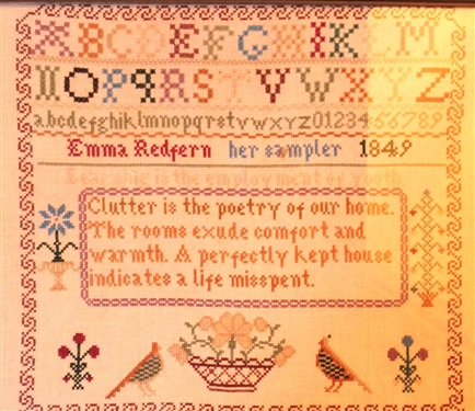 Hand Stitched Needlework Copy of 1849 Sampler - with Birds and Flowers - Framed - Frame Measures 12 by 14