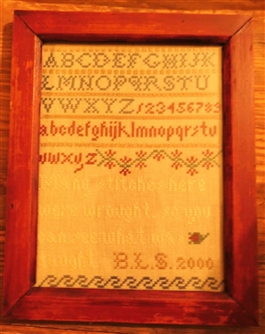 Small Handstitched Needlework Sampler by BLS 200 - Framed - Frame Measures 8 1/2 by 7