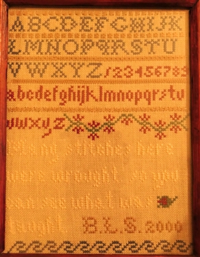 Small Handstitched Needlework Sampler by BLS 200 - Framed - Frame Measures 8 1/2 by 7