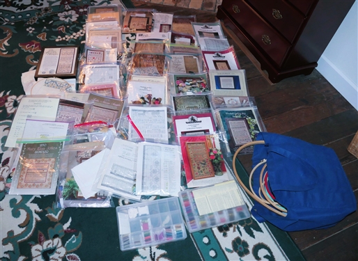 Large Lot of Needlework/ Cross Stitch Patterns, Instructions, Threads, and Hoops - 30 Unused with Thread 