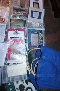 Large Lot of Needlework/ Cross Stitch Patterns, Instructions, Threads, and Hoops - 30 Unused with Thread 