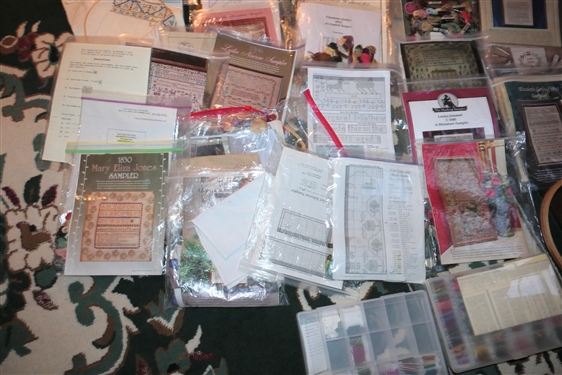 Large Lot of Needlework/ Cross Stitch Patterns, Instructions, Threads, and Hoops - 30 Unused with Thread 