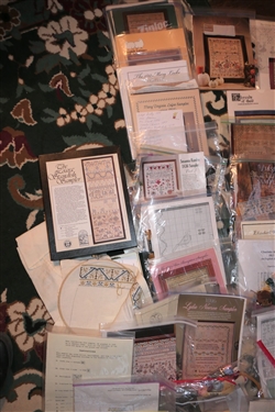 Large Lot of Needlework/ Cross Stitch Patterns, Instructions, Threads, and Hoops - 30 Unused with Thread 