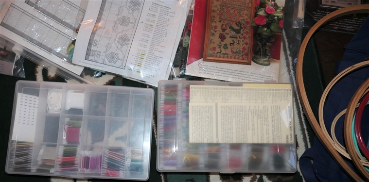Large Lot of Needlework/ Cross Stitch Patterns, Instructions, Threads, and Hoops - 30 Unused with Thread 