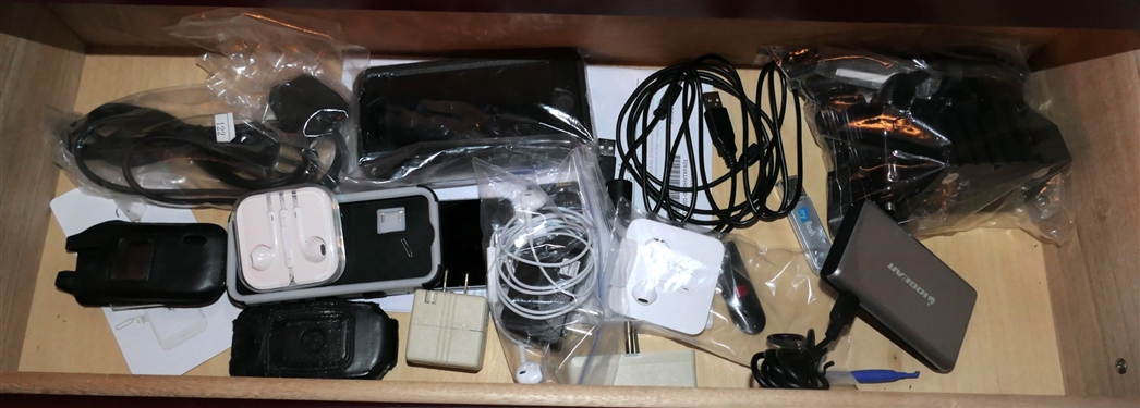 Drawer Lot of Electronic Items including Cell Phone, Head Phones, and Chargers