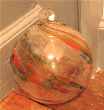 Red, Black, and Green Swirl Hand Blown Witch Ball - Measures 4 Across