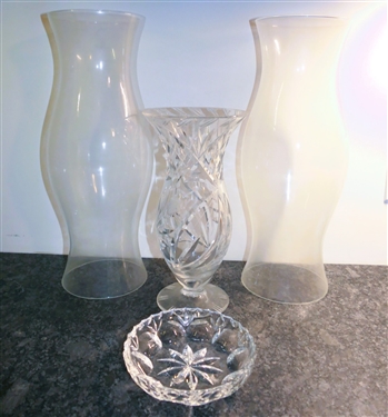11 Cut Glass Vase, Pair of 16 Hurricane Shades, and Cut Glass Low Bowl