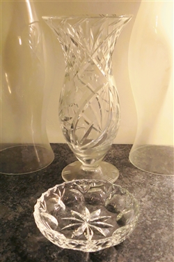 11 Cut Glass Vase, Pair of 16 Hurricane Shades, and Cut Glass Low Bowl